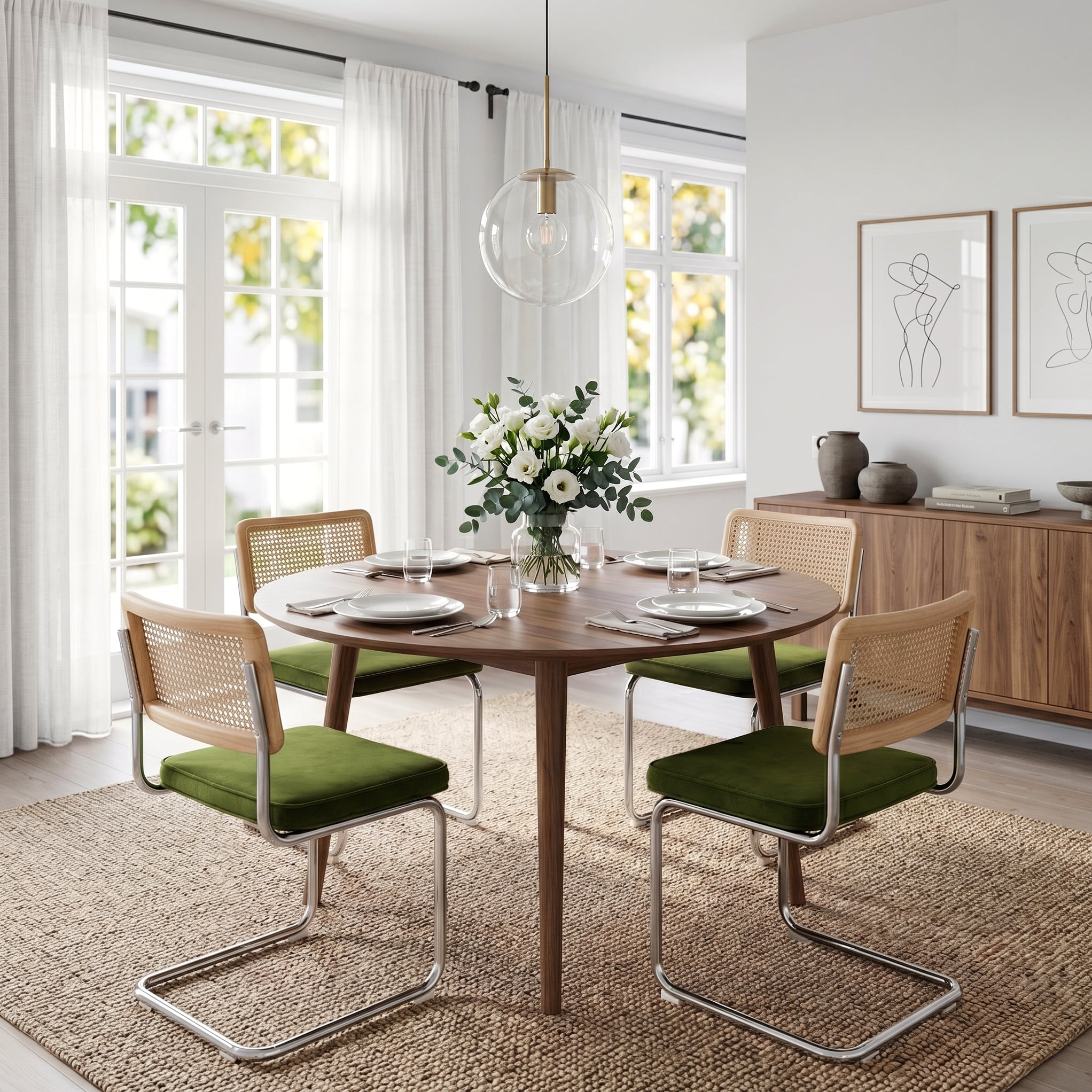 Zesthouse Rattan Dining Chairs Set of 4, Velvet Upholstered Dining Chairs with Cane Back and Chrome Legs, Mid Century Modern Kitchen Side Chairs for Living Room, Green