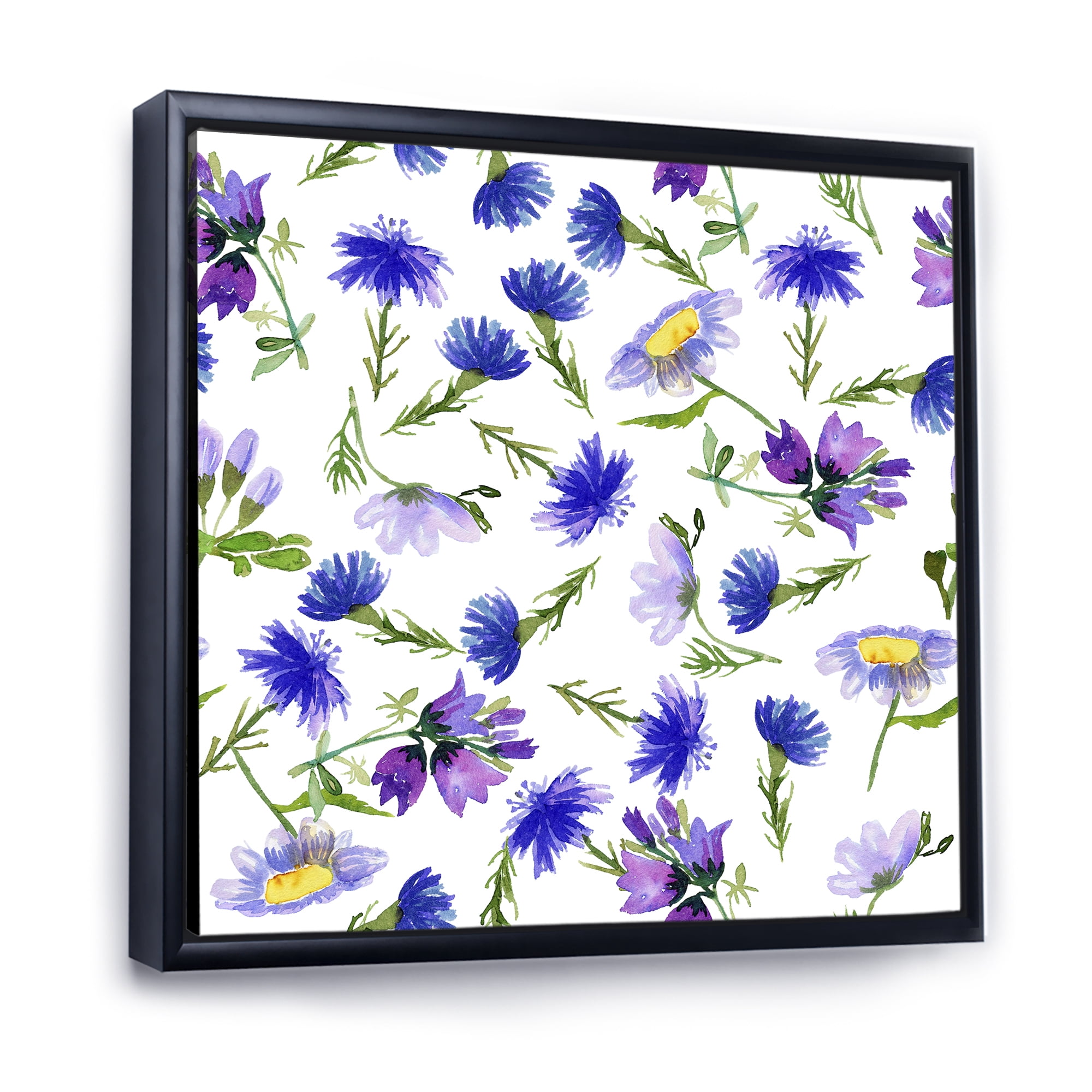 Blue Wildflowers With Leaves III 36 in x 36 in Framed Painting Canvas Art Print, by Designart