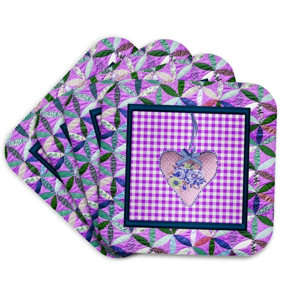3dRose, Petal Shaped Quilt Look, Frame, Purple Cloth Look Rose Heart, Ribbon, set of 4 Coasters - Soft