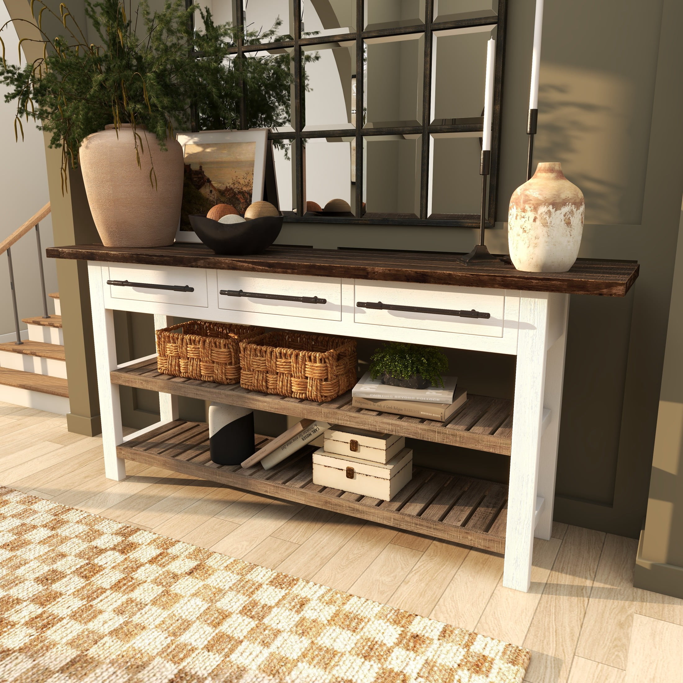 DecMode Farmhouse Wood Rectangular Console Table with Cedar Brown Shelves and Daisy White Finish, 71"W x 32"H