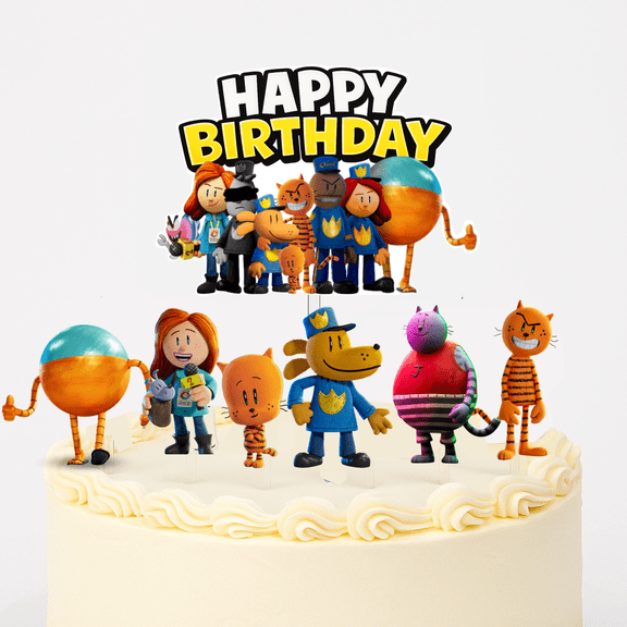 Cartoon Dog man Birthday Cake Topper Set, 7-Piece Acrylic Cake Decorations, Kids Party Cake Decor Kit with Happy Birthday Topper & Character Picks
