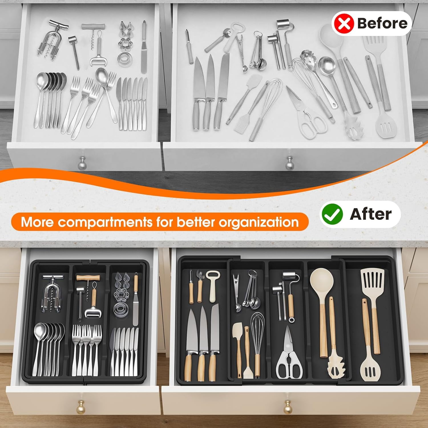 Silverware Organizer, Expandable Utensil Drawer Organizer for Kitchen Drawers, Kitchen Drawer Organizer for Spoons/Forks/Knives, Multipurpose & BPA Free Cutlery Tray, Black, 2 Pack