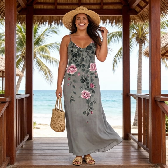 Elvqul Womens V-Neck Long Dress Summer Dress Pullover Slim Floral Sleeveless Dress for Women Tunic, Sizes S-5X