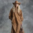 thumbnail image 3 of Women Western Brown Faux Suede Maxi Dress Half Zip Stand Collar Fringe Hem Cowgirl Long Dress with Side Pockets, 3 of 6