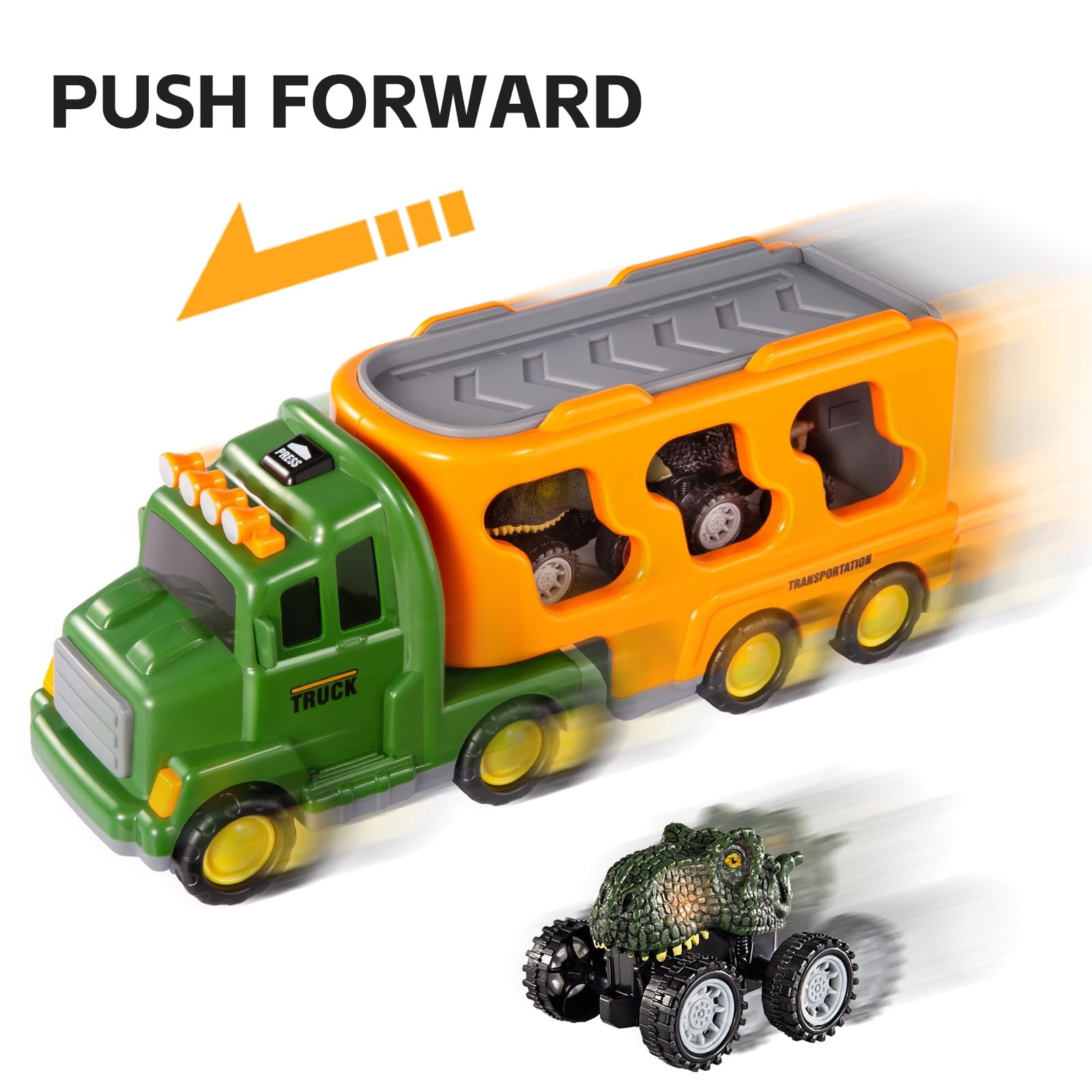 Dinosaur Truck Toy for Toddlers, Transport Carrier Dino Play Set with 3 Dinosaur Figures and 3 Cars, Lights and Music, Gift for Boys Girls Ages 3-5