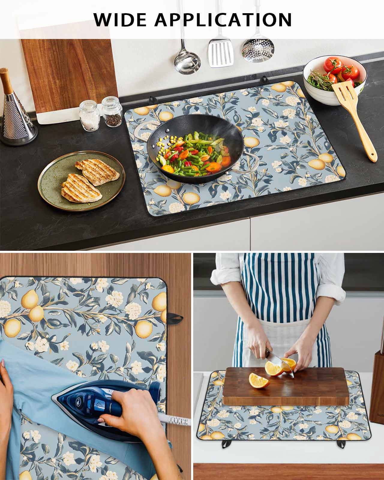 nqOlkjepod Large Induction Cooktop Protector Mat 24"x21", Lemon Leaves Stove Top Covers for Electric Stove, Watercolor Blue Vintage Flower Floral Stove Burner Cover Mats, Glass Top Stove Cover