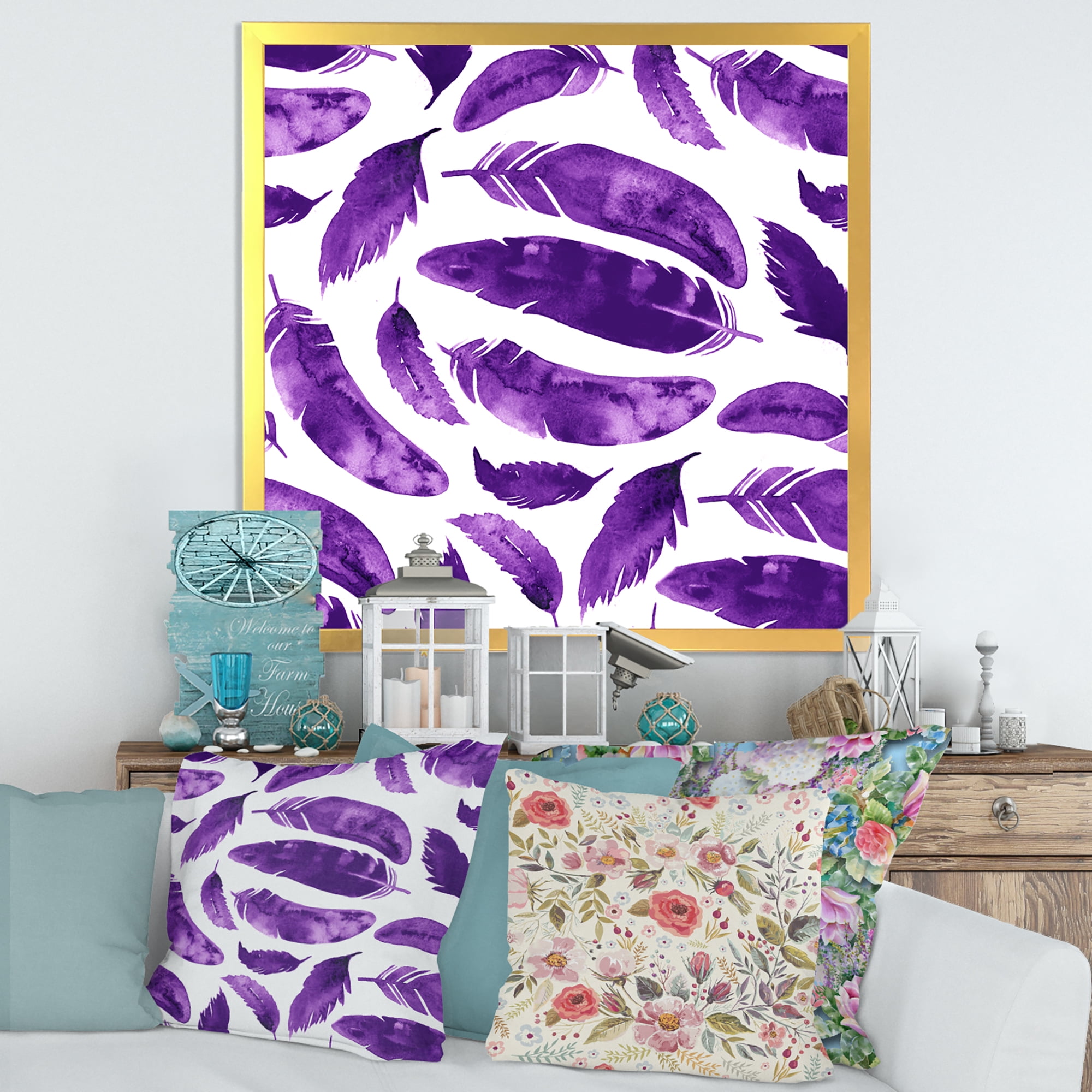 Designart 'Ethnic VIolet Feathers On White' Bohemian & Eclectic Framed Art Print