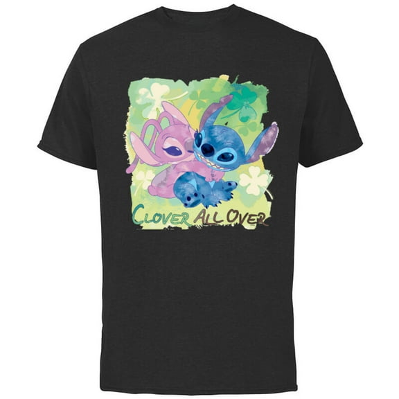 Disney Stich and Angel Shamrock St. Patrick’s Day - Short Sleeve Cotton T-Shirt for Adults - Customized-Black