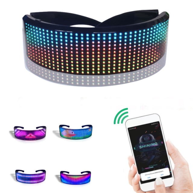LED Glasses Customizable BT LED Glasses with colorful light glow, featuring DIY messages, 22 animations, and 20 pictures. The glasses are shown with a vibrant LED display in various colors, including blue, green, and pink. A smartphone with an app interface is displayed, indicating Bluetooth connectivity for customization. Ideal for parties, raves, and music festivals.