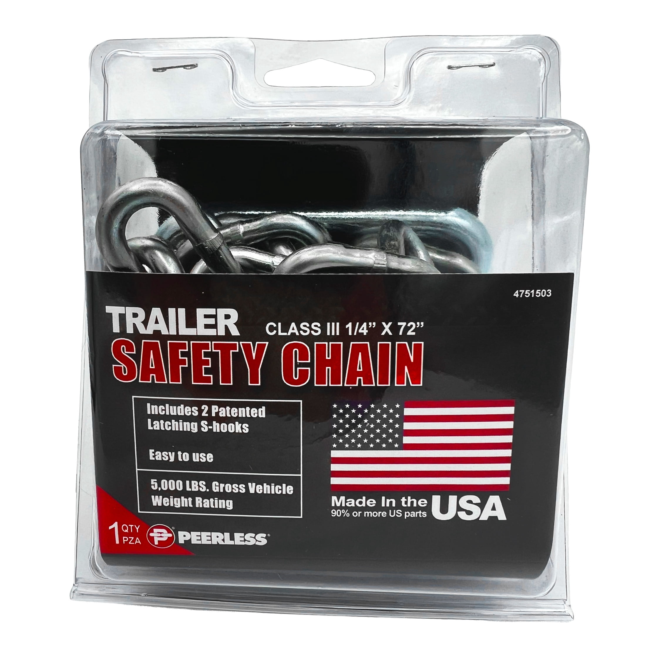 Trailer Safety Chain, 1/4" x 72", Latching S-Hooks, Peerless Chain Company, #4751503