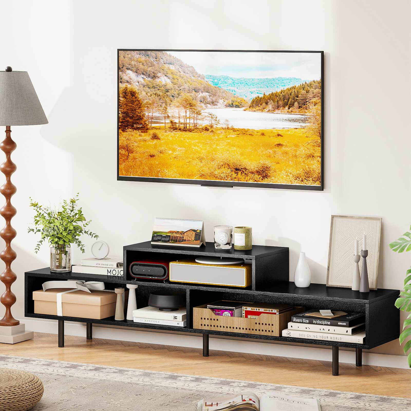 Costway 3 Cubby TV Stand for TVs up to 70" Entertainment Center Media TV Console Table Black