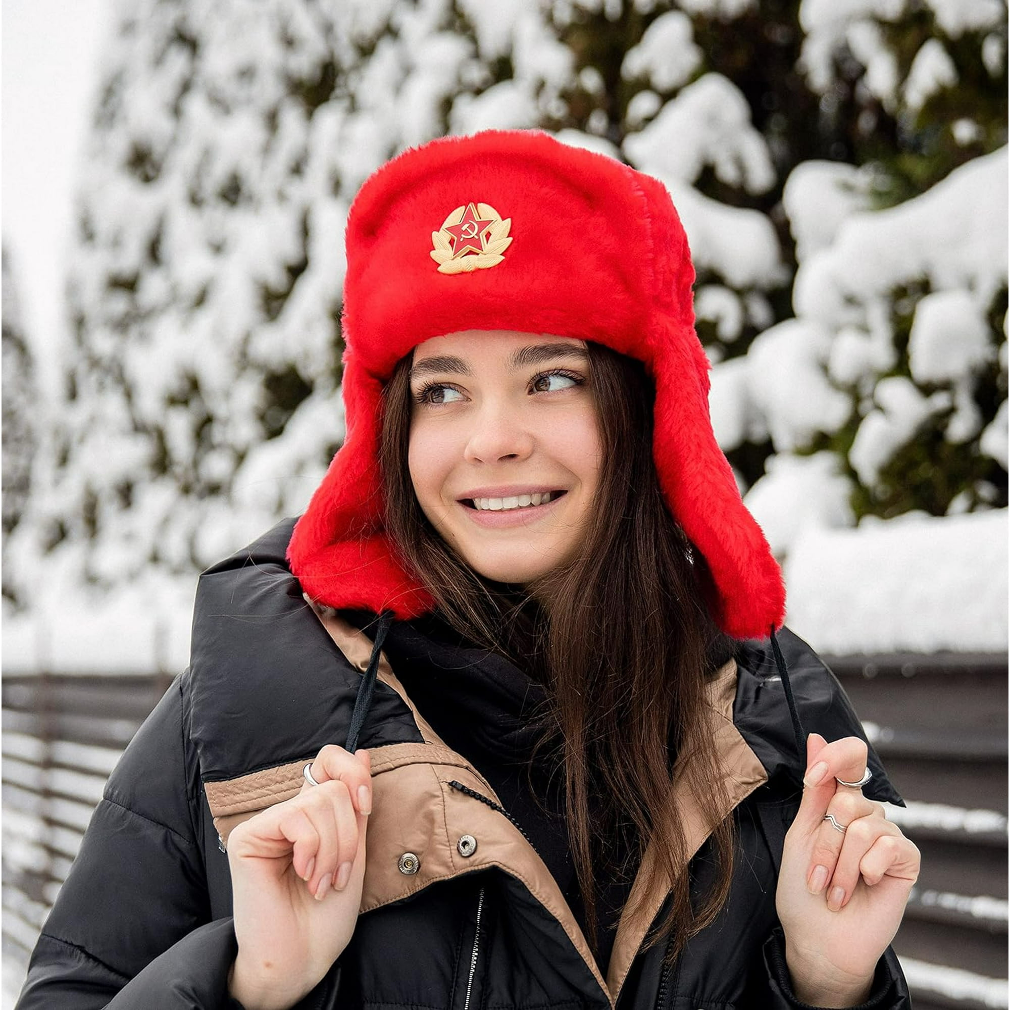 Chapeau Trappeur Russe Homme Femme - Ushanka Fausse Fourrure Chaude Avec Badge Soviétique, Style Hiver Unisexe