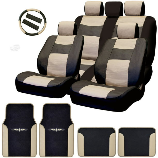 New Semi Custom Synthetic Leather Car Seat Covers With Vinyl Floor Mats And Steering Wheel Cover Split Back Full Set Black Tan No Cost Com - Custom Leather Car Seat Covers Cost