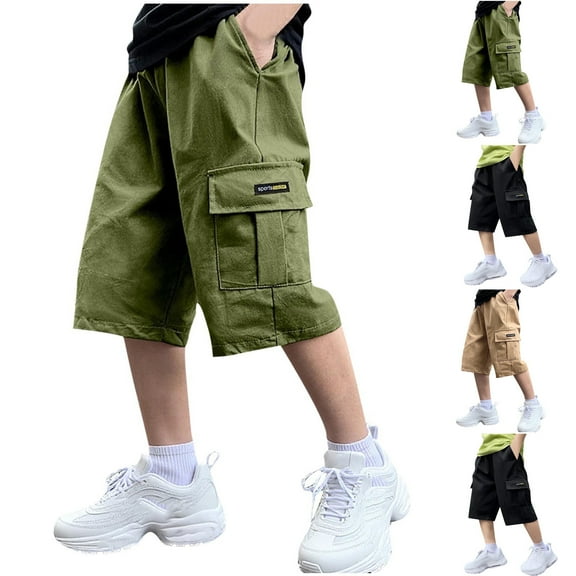 THDHVS Boys Shorts,Shorts for Boys,Baggy Jorts for Boys Wide Leg Knee Length Shorts Teens Elastic Waist Vintage Summer Shorts with Pockets Army Green 8-9 Years