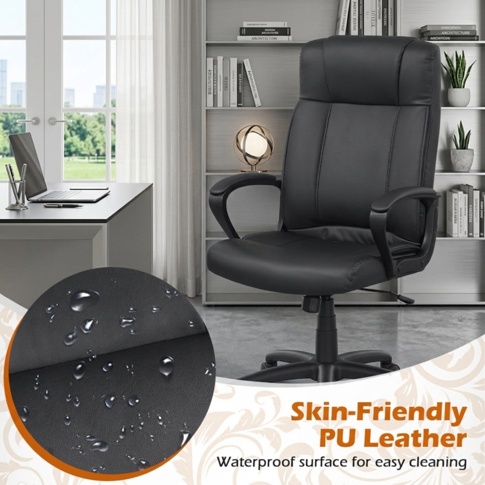 Furnibear Faux Leather Office Chair Computer Desk Chair with Rocking Function Padded Armrests Height Adjustable Swivel Seat and Casters, Black