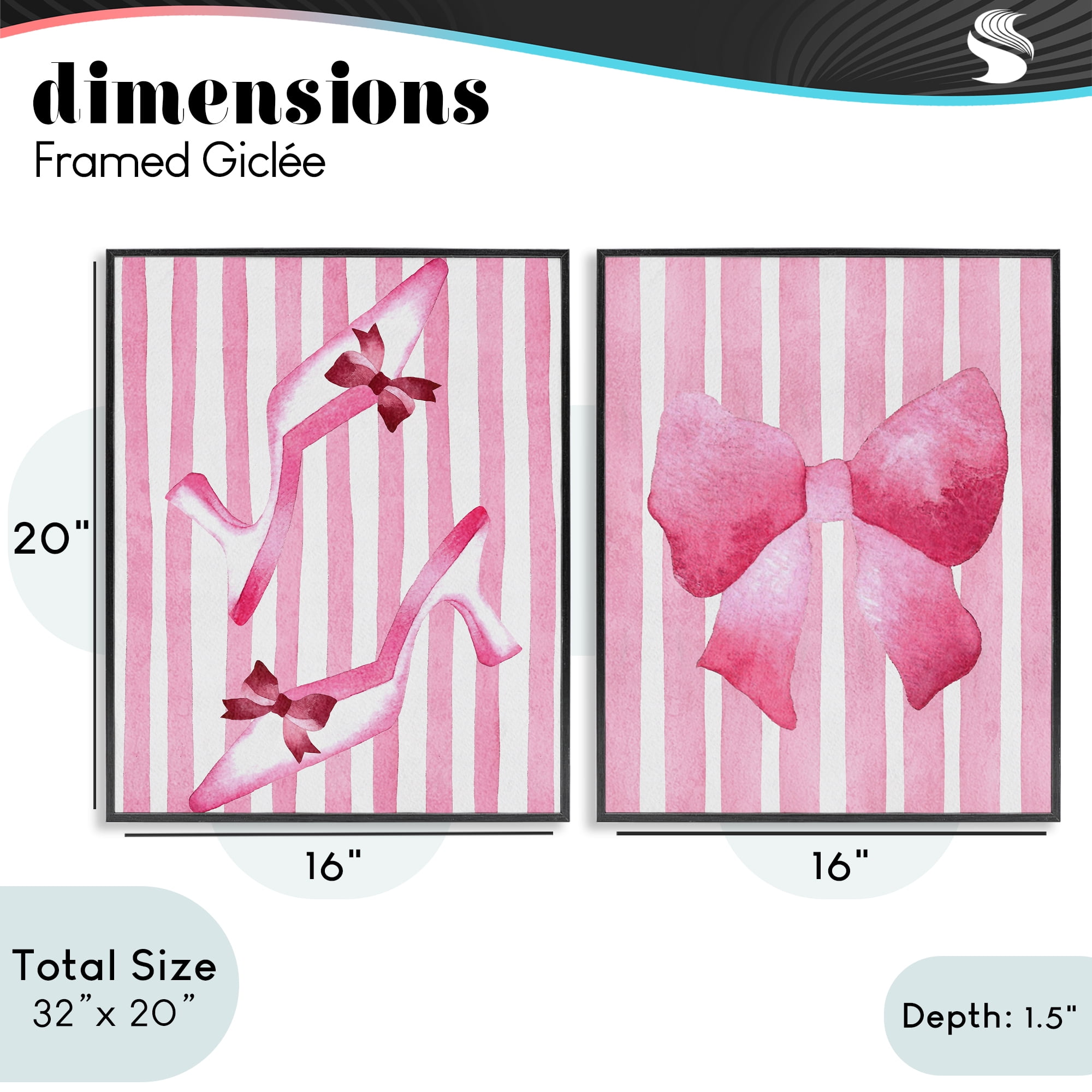 Stupell Industries Feminine Chic Bows Pink Stripes 2 Piece Black Framed Giclee Art Set, design by Camila Juncos