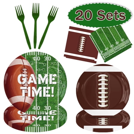 Football Party Supplies Kit Disposable Paper Plates Napkins Fork for Football Birthday Party Football Party Decorations Serve 20