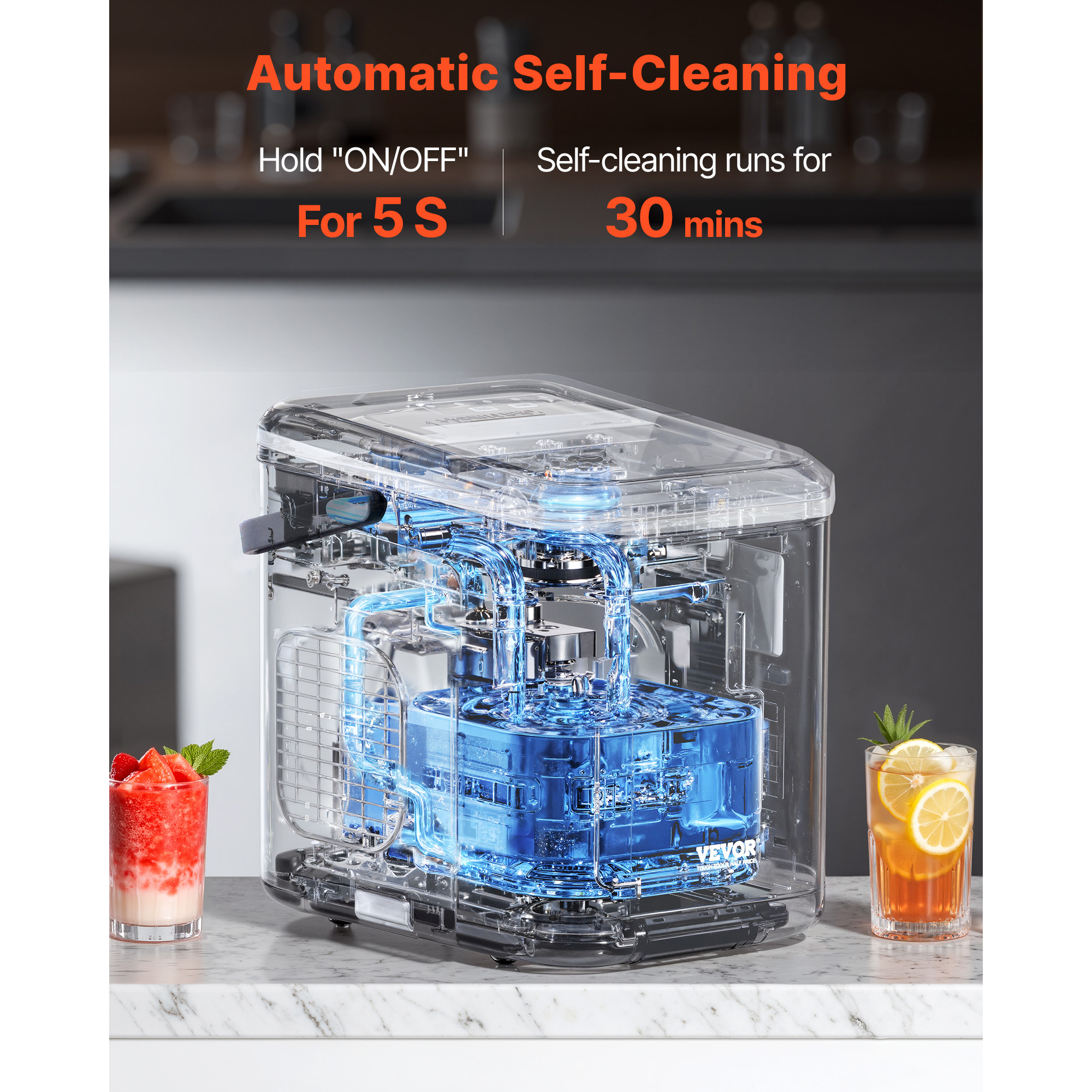 KFFKFF Countertop Ice Maker, Produces 9 Ice Cubes in 6 Minutes, 26lbs Daily Capacity, Portable Ice Machine with Self-Cleaning Function, Includes Ice Scoop and Basket, Offers Two Sizes of Bullet Ice