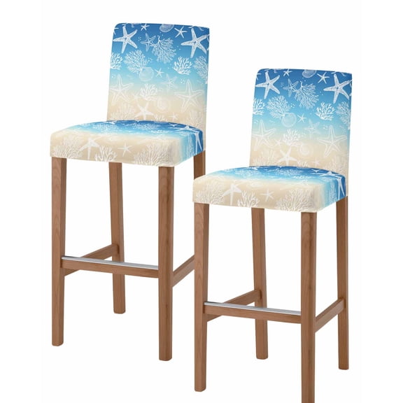 Blue Beige Ombre Coastal Bar Stool Covers Set of 2, Nautical Beach Starfish Coral Summer Stretch Bar Chair Covers with Backs, Removable Pub Counter Height Chair Cover for Kitchen Dining Room Cafe