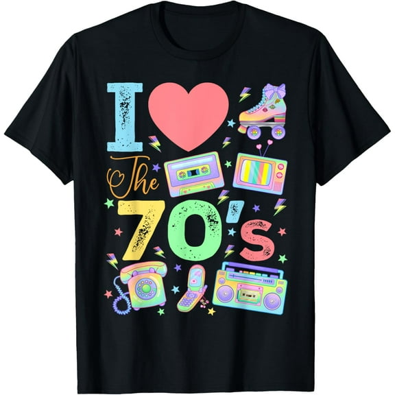 I Love The 70s 1970's Vintage Style Seventies Retro Party T-Shirt men and women can wear, black, white, gifts