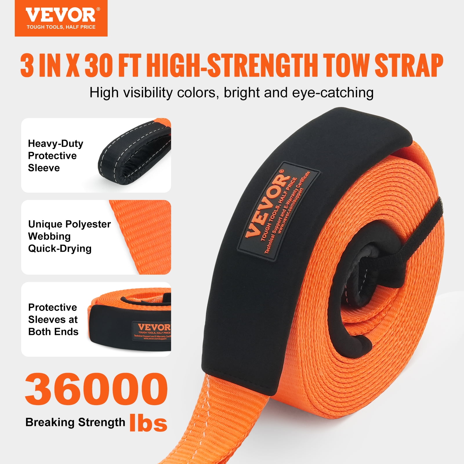 VEVOR Polyester Heavy Duty Tow Strap Recovery Kit 3" x 30 ft (MBS-36,000 lbs) Winch Strap,Triple Reinforced Loop,Snatch Strap + 2" Shackle Hitch Receiver + 3/4" D-Ring Shackles (2PCS) + Storage Bag