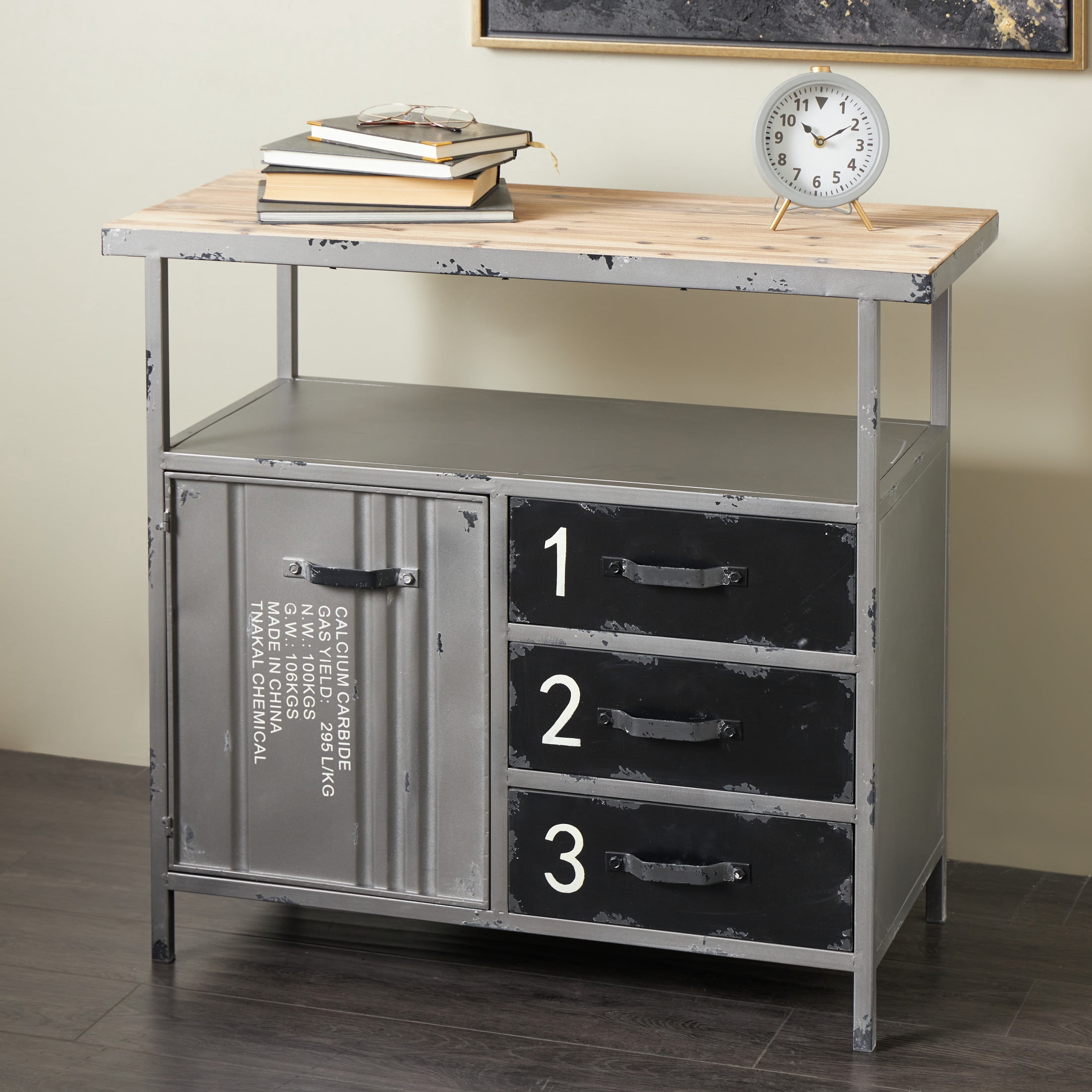 DecMode Industrial Metal Cabinet, 36"W x 32"H with Numbers and Text Typography and Gray/Black Finish