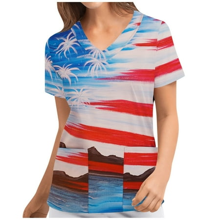 

LWZWM Women s 4th Of July Nurse Scrub Tops Patriotic Nurse T-Shirt Independence Day Funny American Flag Printed Uniform Tops Women s Fashion Short Sleeve V-Neck Tops Working Unifor