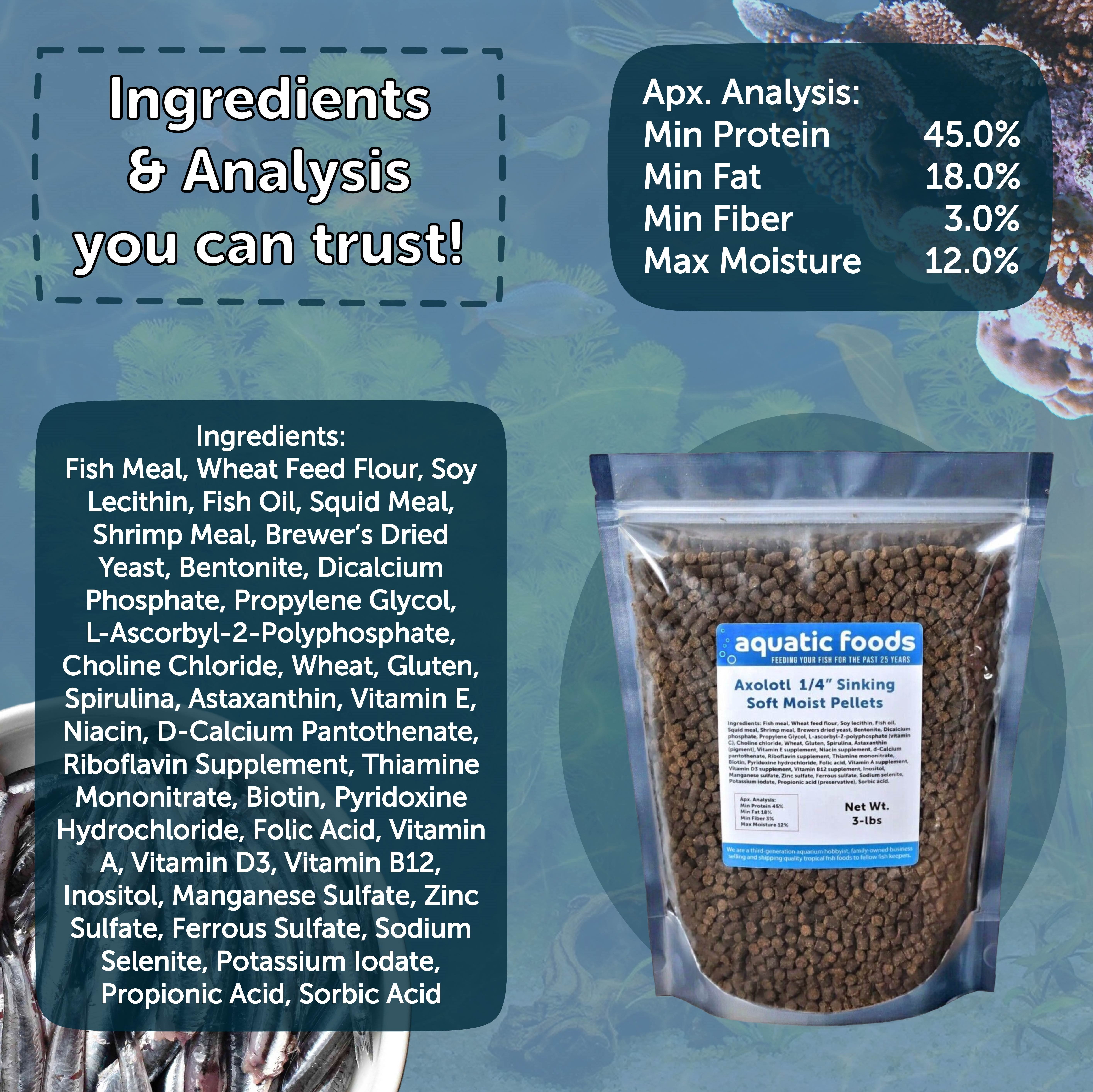 Adult Axolotl Food 1/4" Soft Moist Sinking Pellets for Axolotls, Shrimp, Snails, Large Tropical Fish Rangen Salmon Sinking Pellets. Aquatic Foods Premium Tropical Fish Pellet Foods…20-lbs