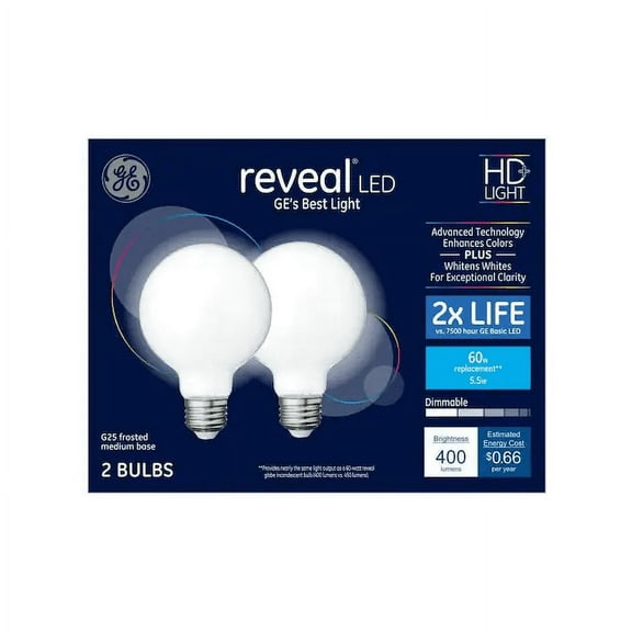 (2 pack) GE 42698 LED RevealHD g25 frosted 400 lumens, 60 watt equivalent, Dimmable LED Light Bulb