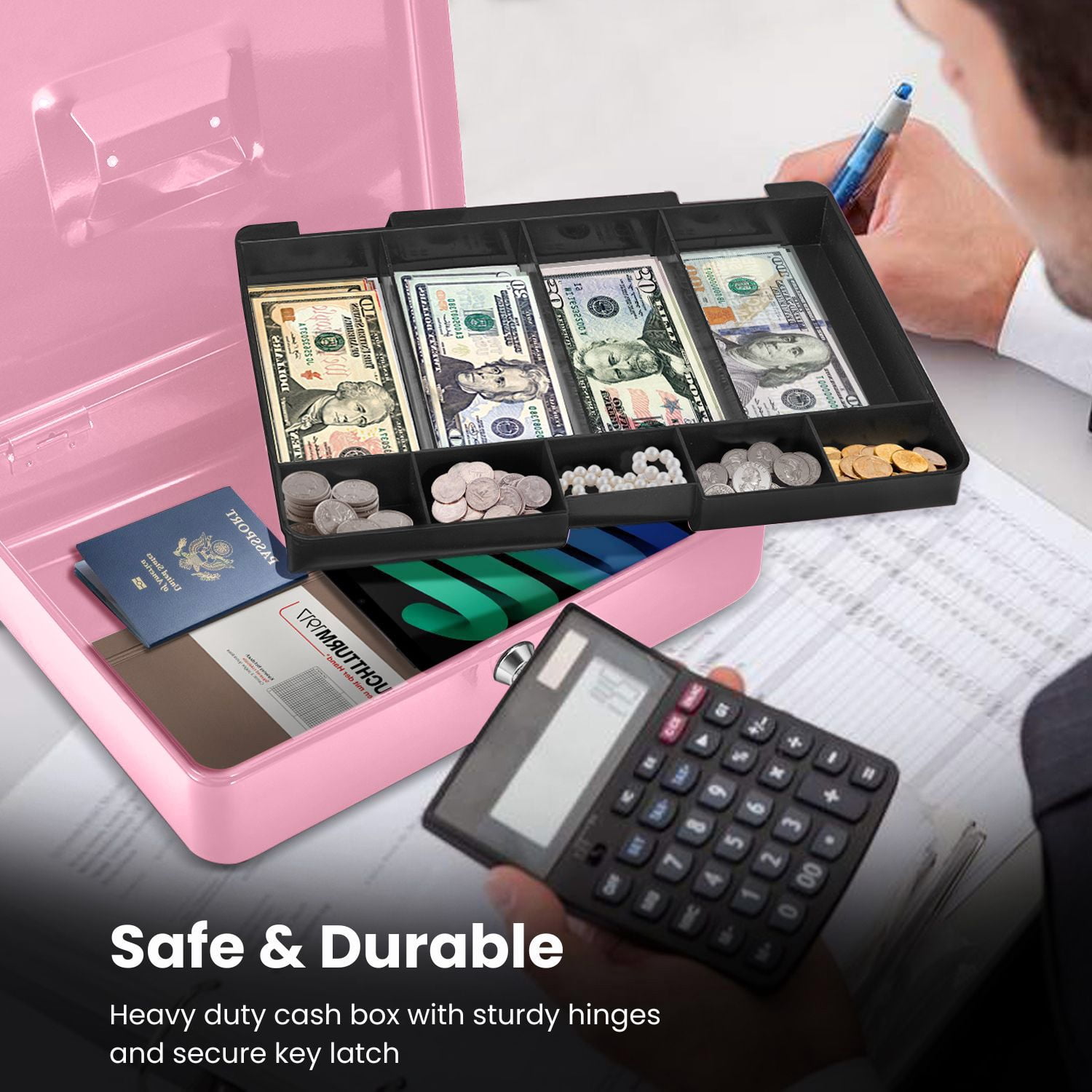 Cash Box with Money Tray, 2 Keys, Pink Security Lock Box with Removable 9 Compartment Tray Steel Construction Cashier Drawer Money Safe Storage for Currency Bill Check Jewelry, Small Portable