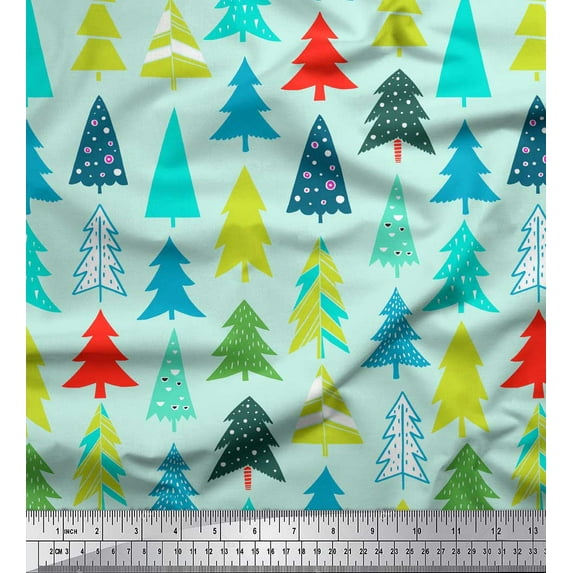 Soimoi Green Japan Crepe Satin Fabric Christmas Tree Print Fabric by the Yard 42 Inch Wide