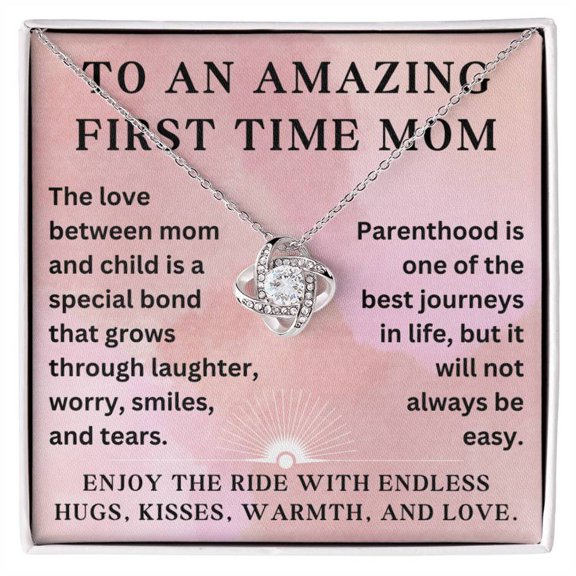 First Time Mom Gifts, 1st Time Mom Necklace, Mom Love Knot Necklace, Inspirational Jewelry Gifts for Mother's Day Birthday, Gifts from Family Friends for New Moms, Endless Hugs Love Kisses Warmth
