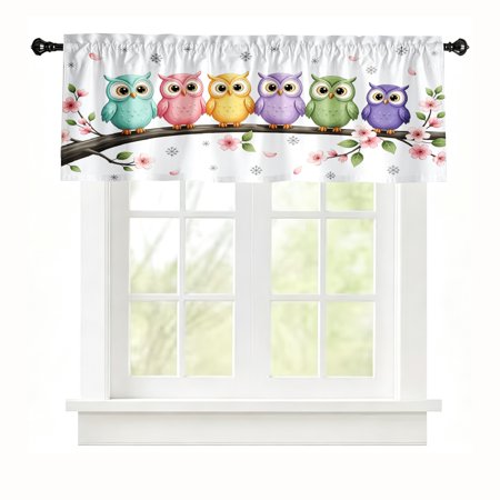AshasdS Colorful Owls on Branch Window Valance Cartoon Birds Short Curtain Rod Pocket for Nursery Kids Room