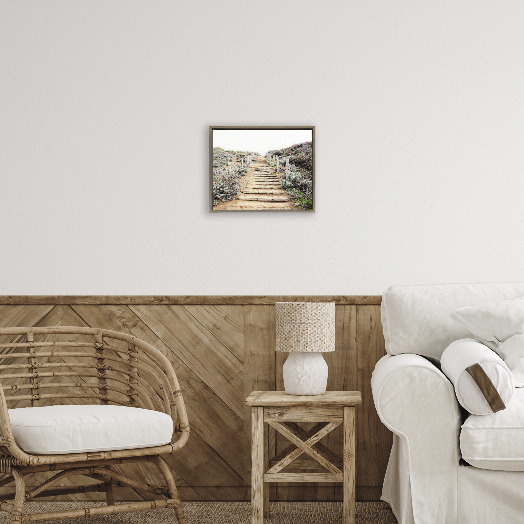 Wooden Stairway to Heaven Brown Framed Floater Canvas Wall Art, design by Leah Noel Art