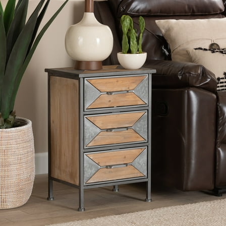 Baxton Studio Laurel Rustic Industrial Antique Grey Finished Metal and Whitewashed Oak Brown Finished Wood 3-Drawer End Table