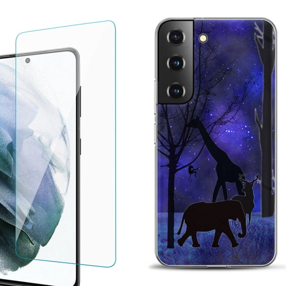 Slim-Fit Fashion Gel Phone Case for Samsung Galaxy S22  5G / S22 Plus 5G, with Tempered Glass Screen Protector, by OneToughShield ® - Midnight Safari