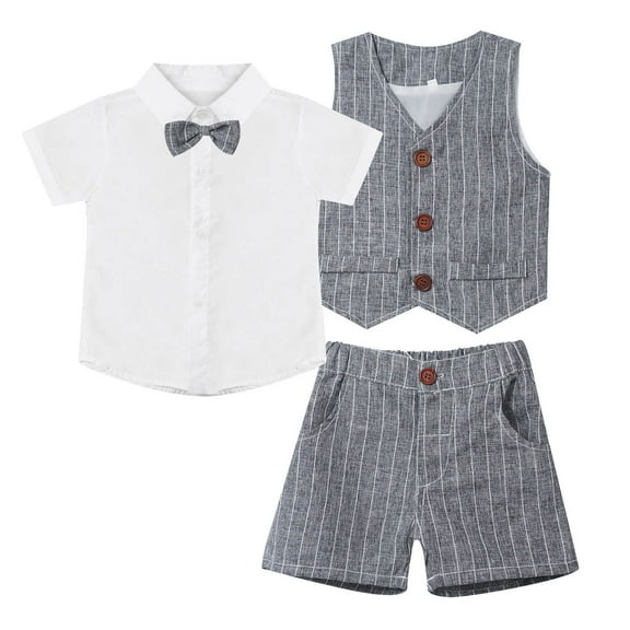 YONGHS Kids Toddler Boys Summer Formal Dress Outfit Short Sleeve Bow Tie Shirt & Vest & Shorts Clothes Set Gray 3-4