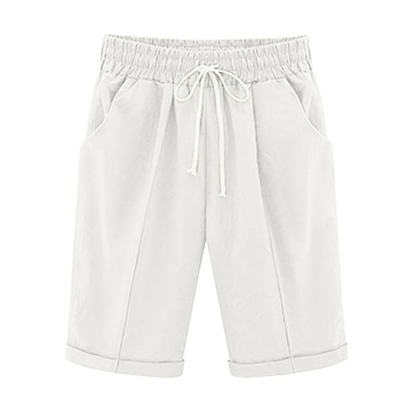 Tii.MM Womens Summer Bermuda Shorts Casual Beach Elastic Waist Drawstring Comfy Long Shorts Knee Length Cotton Linen Shorts with Pockets