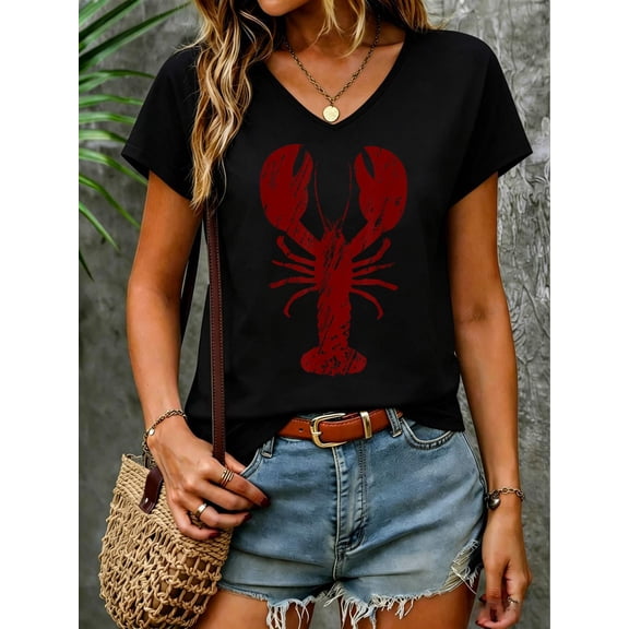 Vintage Lobster Print V Neck T-Shirt Cotton Women's V Neck Graphic Tee, Casual Short Sleeve Shirt,Vacation Outfit