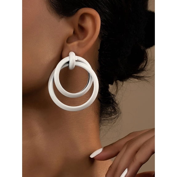Double Circle Drop Earrings for Daily Wear - White, 1 Pack