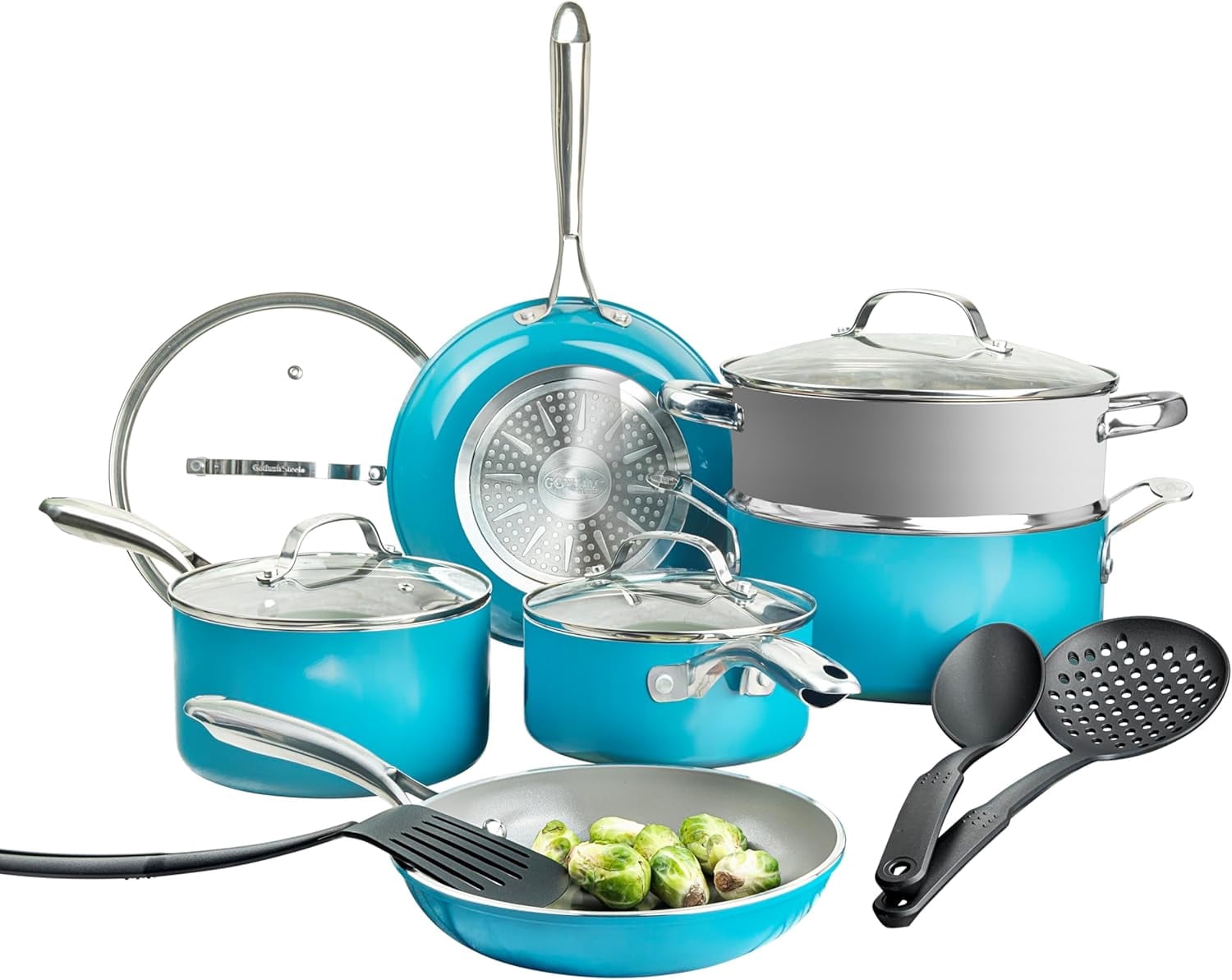 Gotham Steel 15 Pc Ceramic Pots and Pans Set Non Stick, Copper Cookeware Set with Utensils, Pot and Pan Set Nonstick, Induction Compatible with Stay Cool Handles, Aqua Blue
