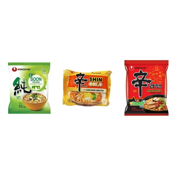 3 Pack Korean NongShim Gourmet Spicy Shin Instant Ramen Noodle, 3 Flavors(Soon Veggie,shin gold ,shin red) Plus NineChef Brand Long Handle Coffee Spoon