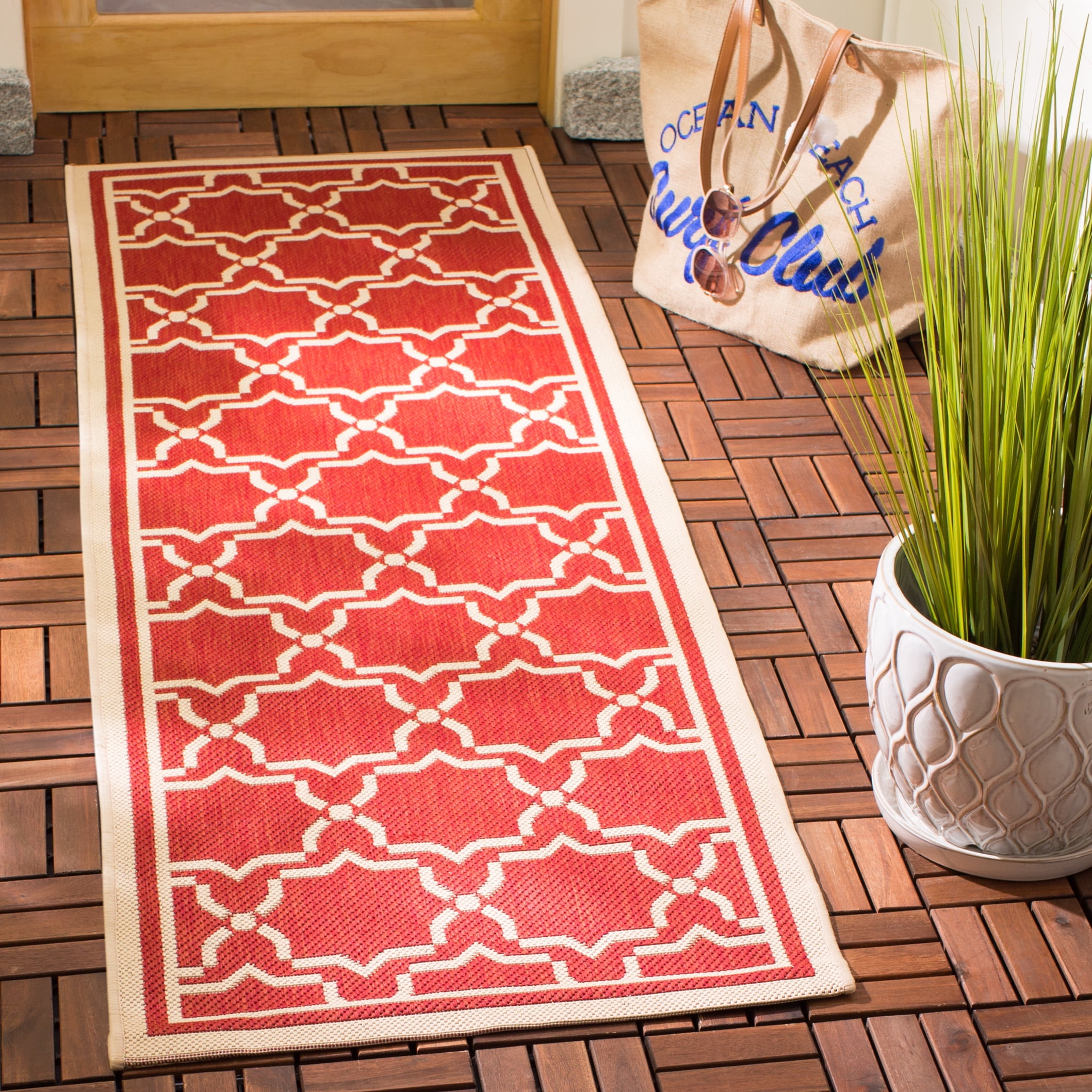 SAFAVIEH Courtyard Allison Geometric Bordered Indoor/Outdoor Runner Rug, 2'3" x 8', Red/Bone