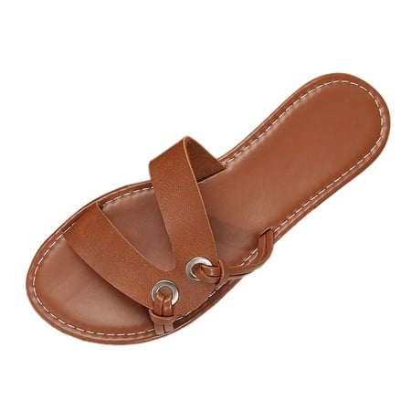 OJSFQUFP Womens Sandals Women s Summer Fashion Open Toe Flat Bottom Breathable Sandals Slippers Tow Casual Comfortable Beach Slippers Slipper Shoes Brown 38
