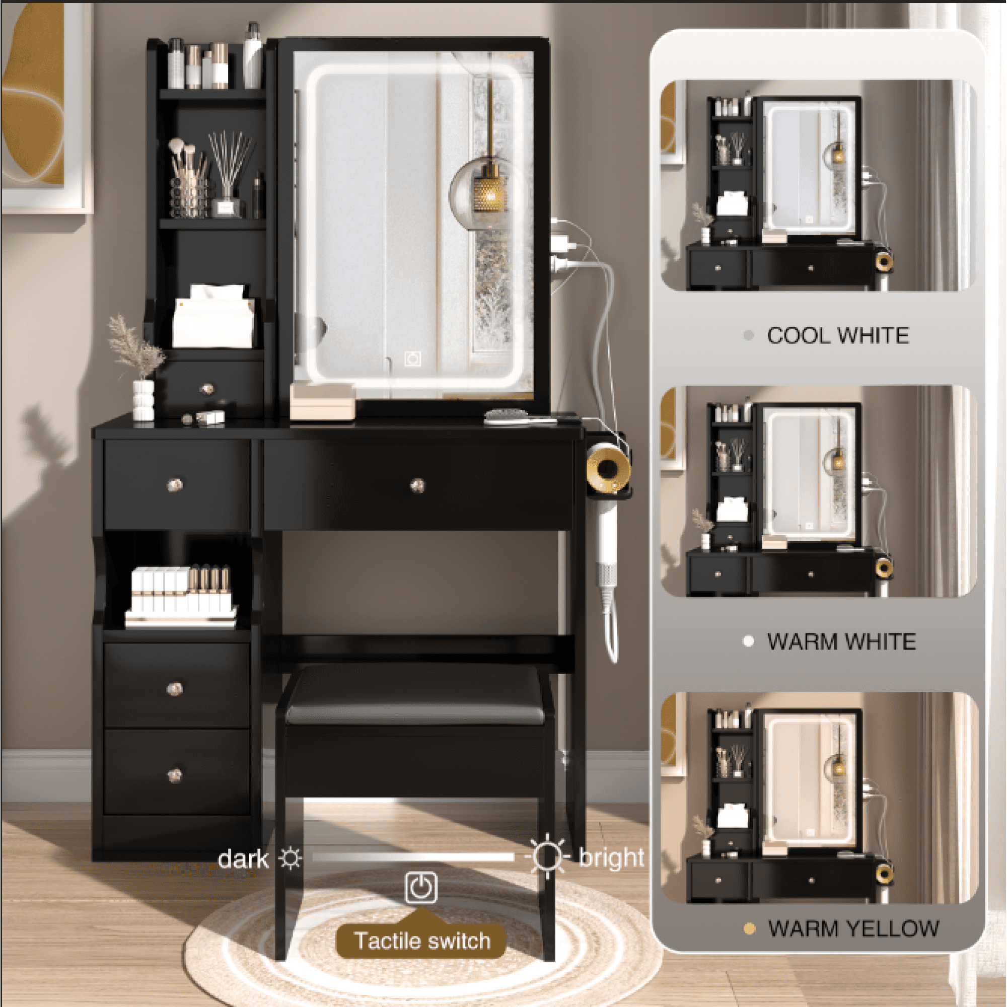 Left Drawer Desktop Vanity Table + Cushioned Stool Touch Control Sliding LED Mirror