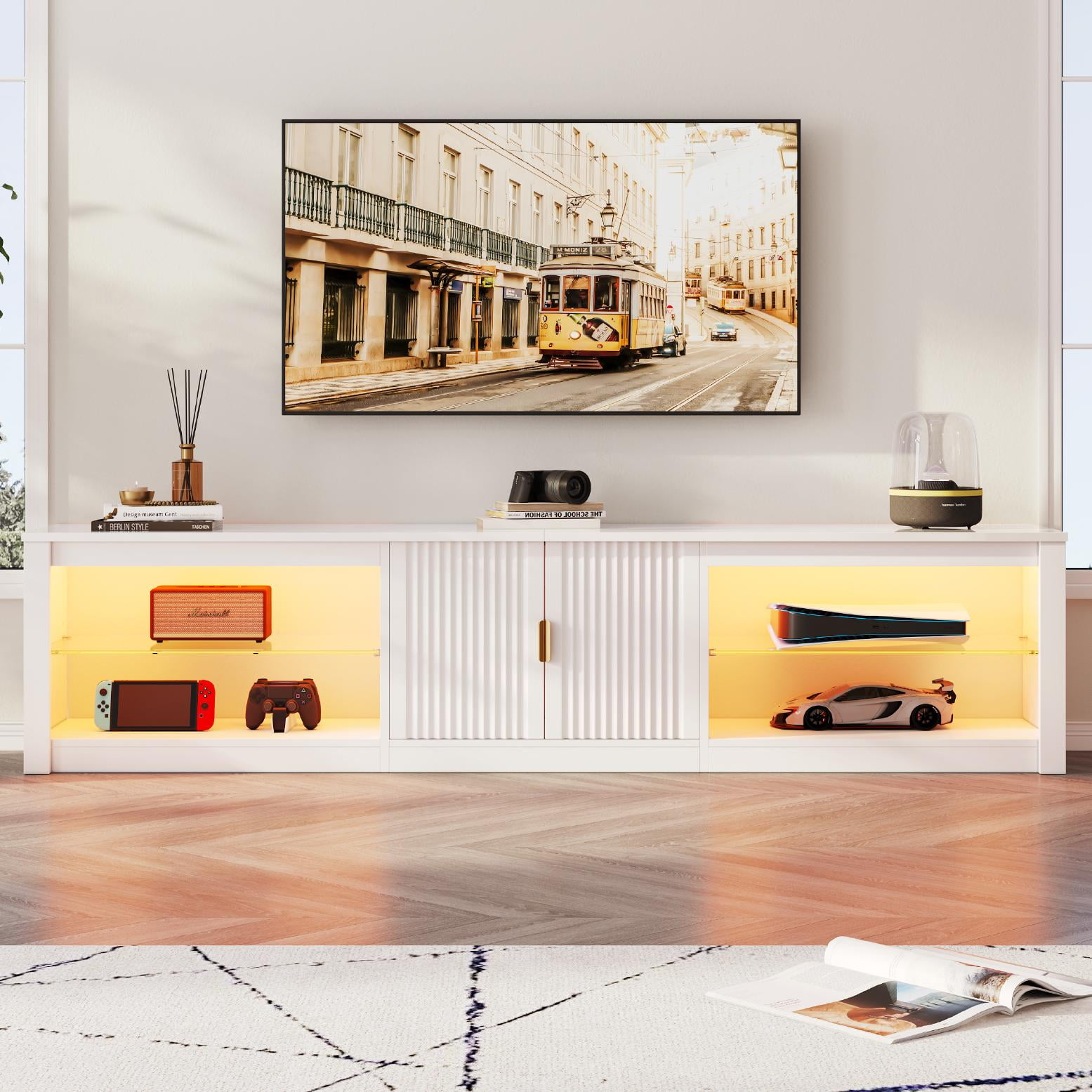 Bestier 80 inch TV Stand for TVs up to 85", High Gloss Entertainment Center with LED Lights & Storage Cabinet, Modern Fluted TV Console, White