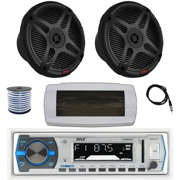 Pyle PLMRB29W Single DIN Bluetooth Marine MP3 AM/FM Stereo Receiver with White Cover, 22" Radio Antenna, Wire, 2x 6.5" 600 Watt Max 2-Way Full Range Waterproof Wireless RF Streaming Speakers (Black)