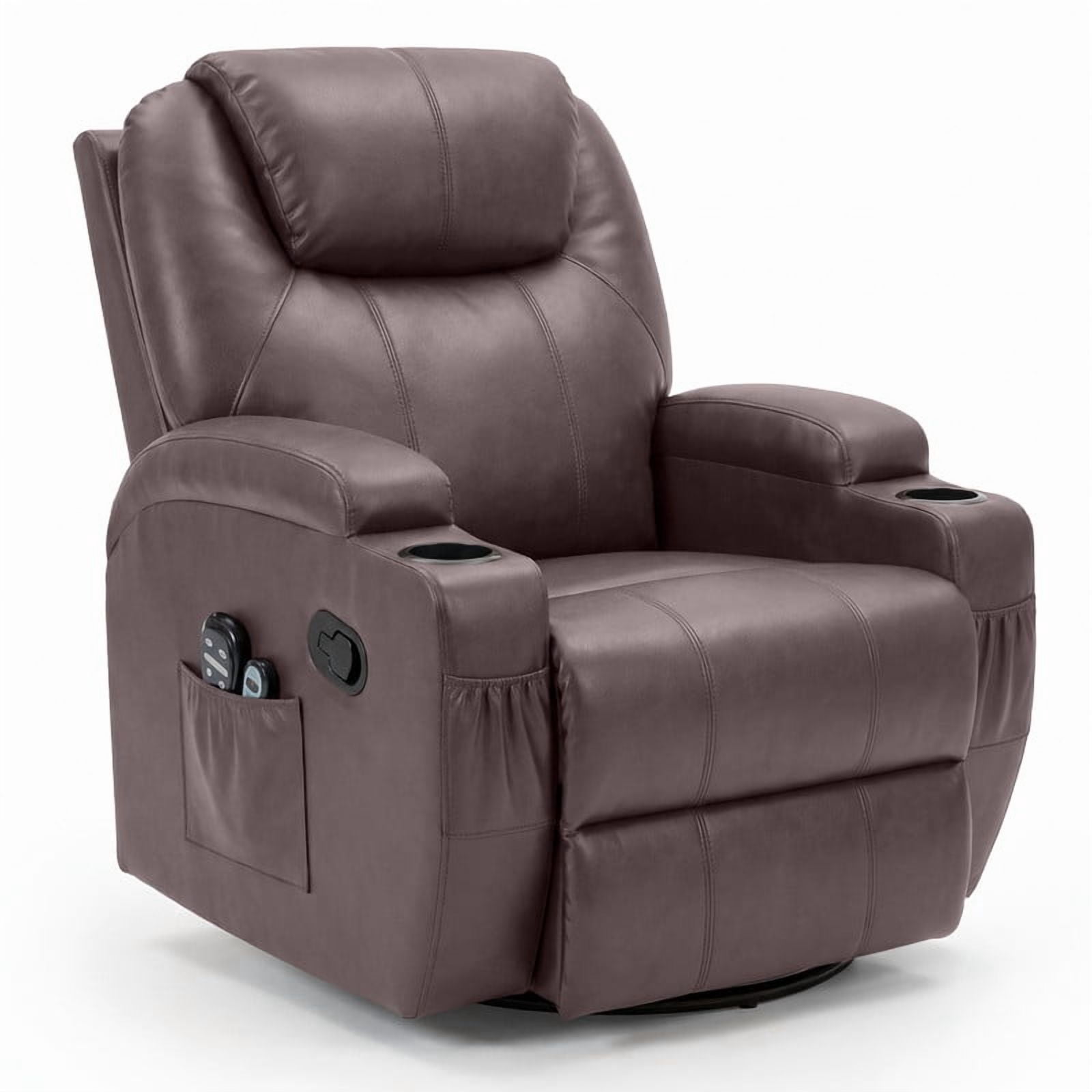 Lacoo PU Leather Swivel Rocker Recliner with Massage for Living Room Small Spaces Lounge Recliner Chair with Side Pockets for Adults,PU Brown