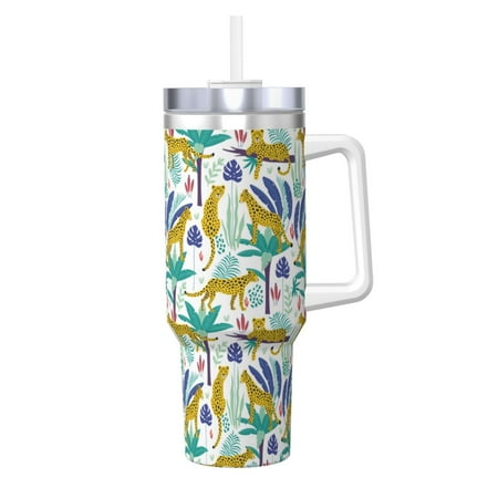 

Logiee Summer Leopard Print 40OZ Ice Bully Cup with Handle and Straw Double Wall Stainless Steel Tumbler Travel Coffee Cup with Lid Summer Insulation and Cooling Cup