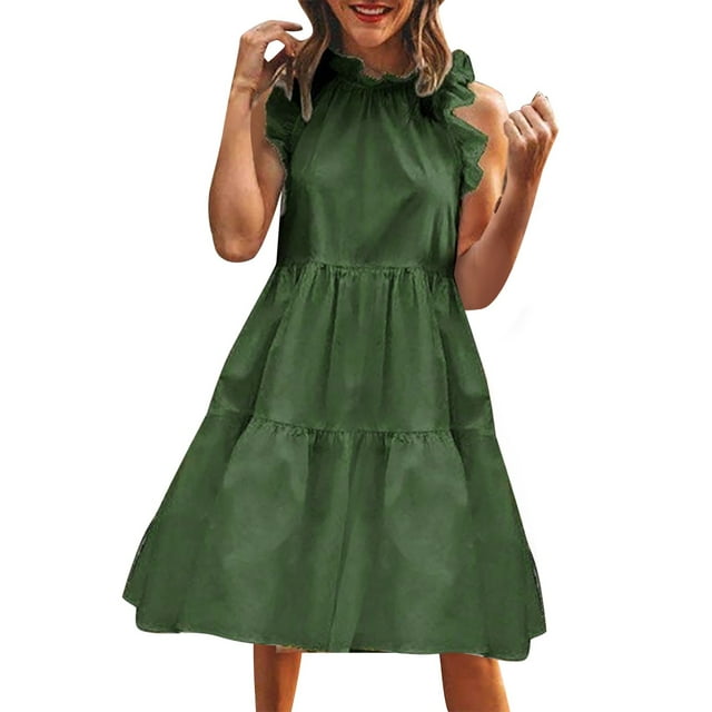 B91xZ Robe Moulante pour Femmes Sans Manches à Col Ras du Cou, Chandail à Enfiler, Hauts Coupe Décontractée, Chandails, Robe Courte, Vert Armée TG